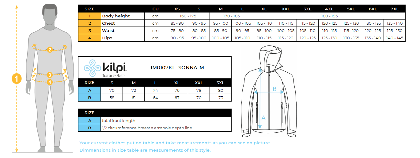 Men's outdoor jacket Kilpi SONNA-M – Size chart