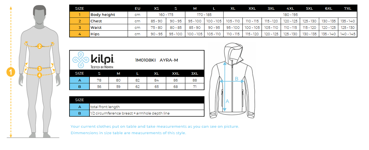 HOMMEle manteau d'extérieur Kilpi AYRA-M – Size chart