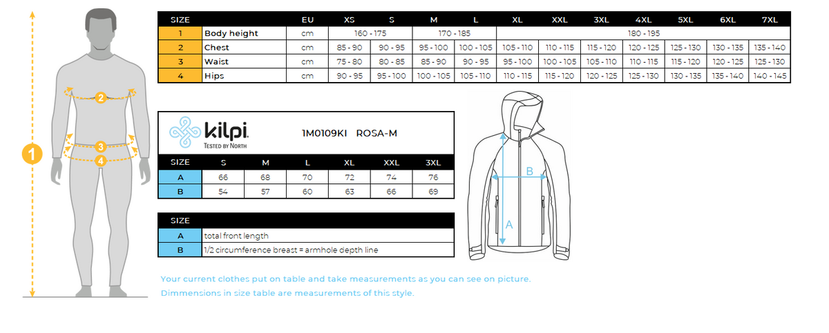 HOMMEla veste coupe-vent légère Kilpi ROSA-M – Size chart