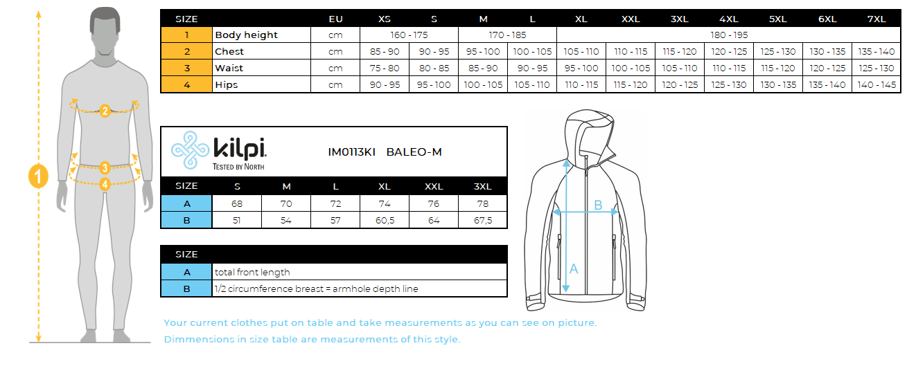Men's softshell running jacket Kilpi BALEO-M – Size chart