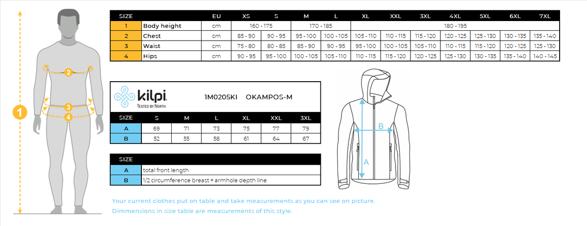 Sweat à capuche en coton pour un style actif Kilpi OKAMPOS-M – Size chart