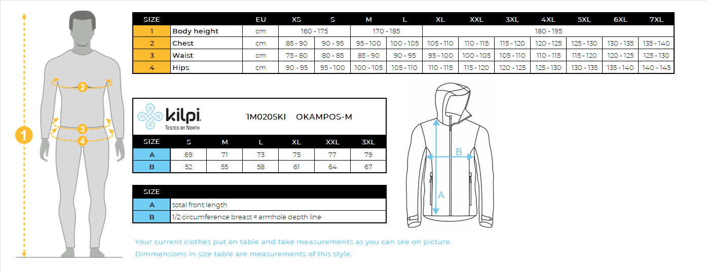 Sweat à capuche en coton pour un style actif Kilpi OKAMPOS-M – Size chart
