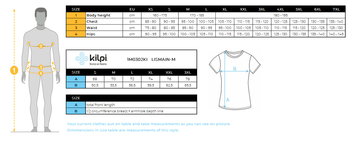 Men's outdoor T-shirt Kilpi LISMAIN-M – Size chart
