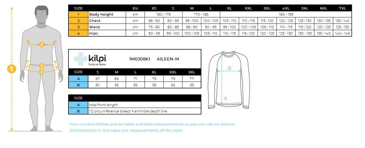 Men's running jacket Kilpi AILEEN-M – Size chart
