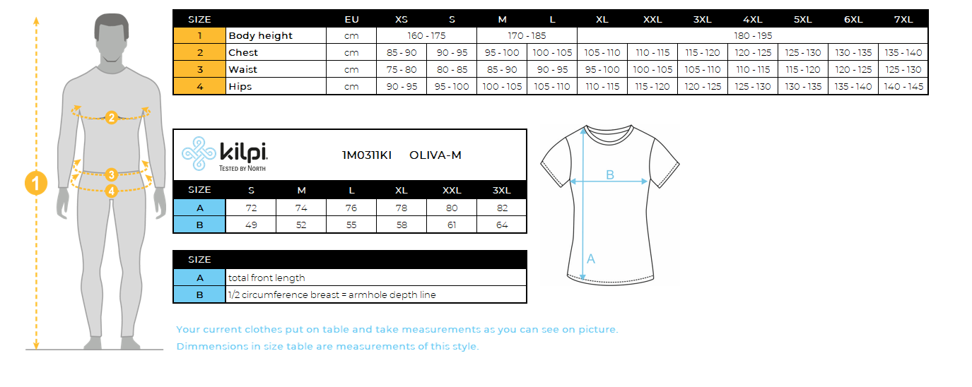 Men's functional polo shirt Kilpi OLIVA-M – Size chart