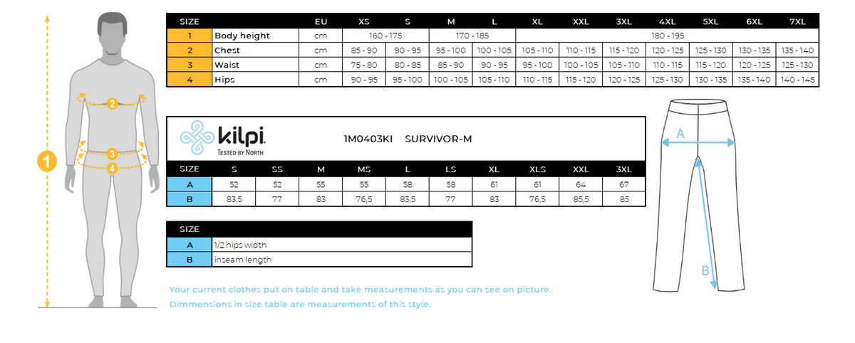 Men's outdoor pants Kilpi SURVIVOR-M – Size chart