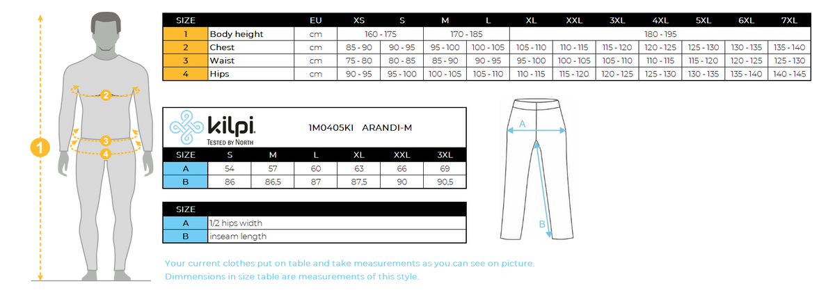 HOMMEle pantalon d'extérieur Kilpi ARANDI-M – Size chart