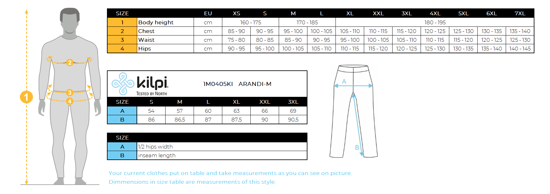 HOMMEle pantalon d'extérieur Kilpi ARANDI-M – Size chart