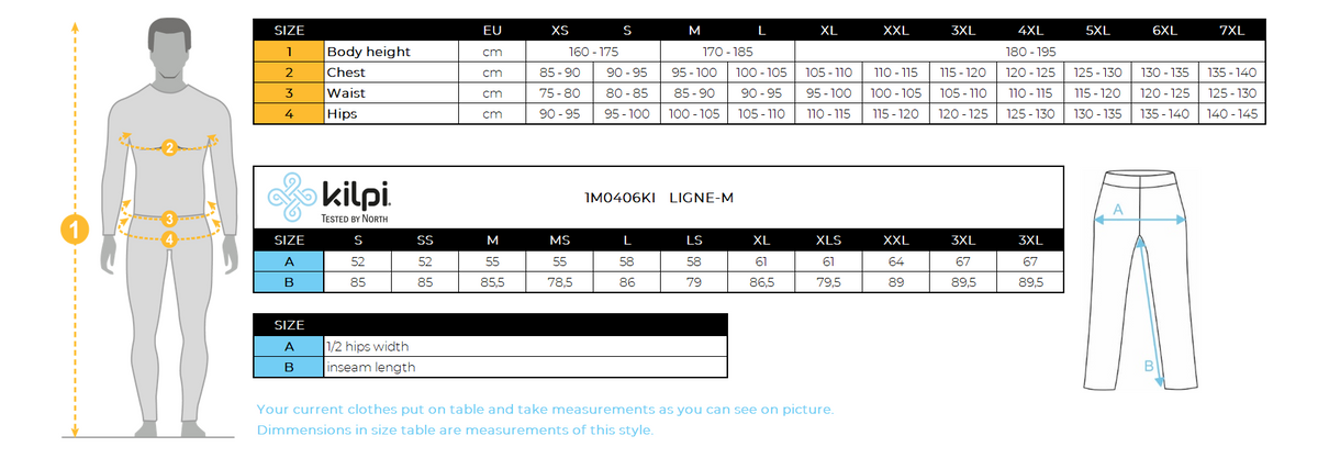 Men's outdoor pants Kilpi LIGNE-M – Size chart