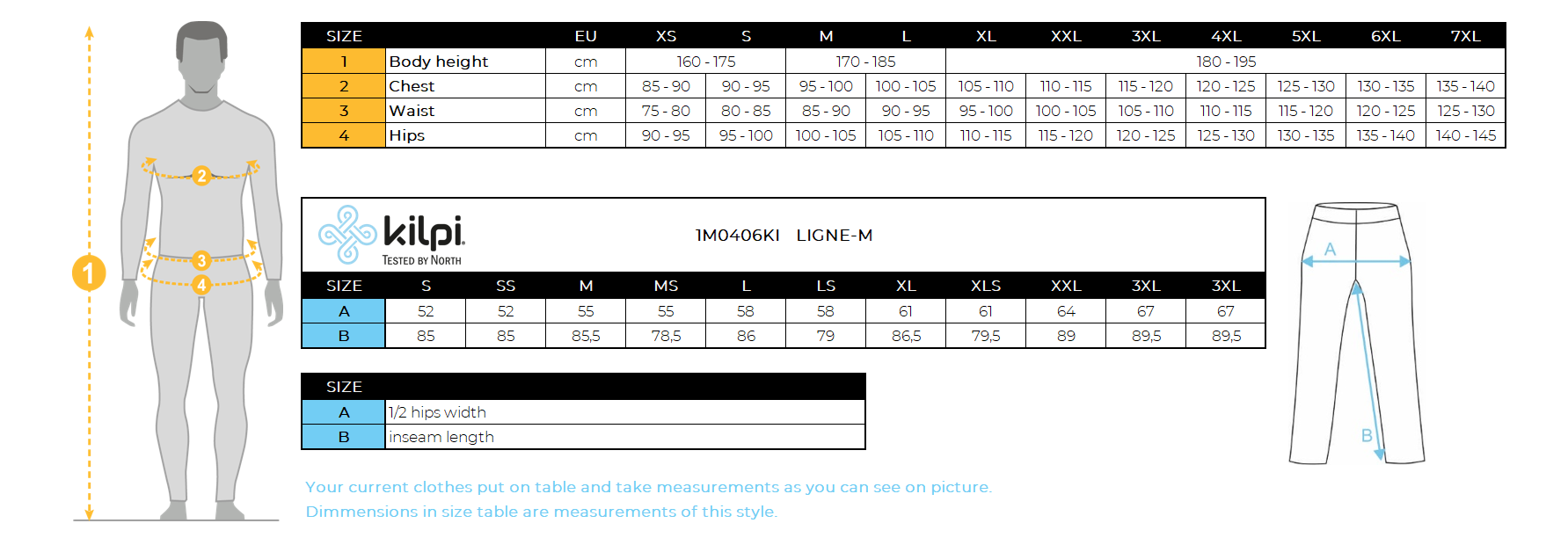 Men's outdoor pants Kilpi LIGNE-M – Size chart