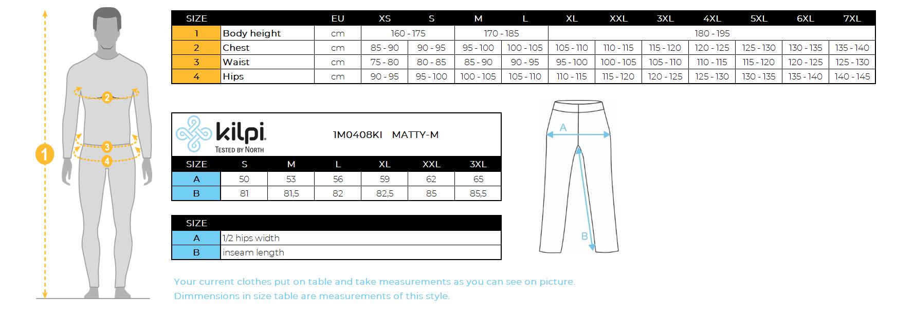 HOMME's sports pantalons de survêtement en coton Kilpi MATTY-M – Size chart