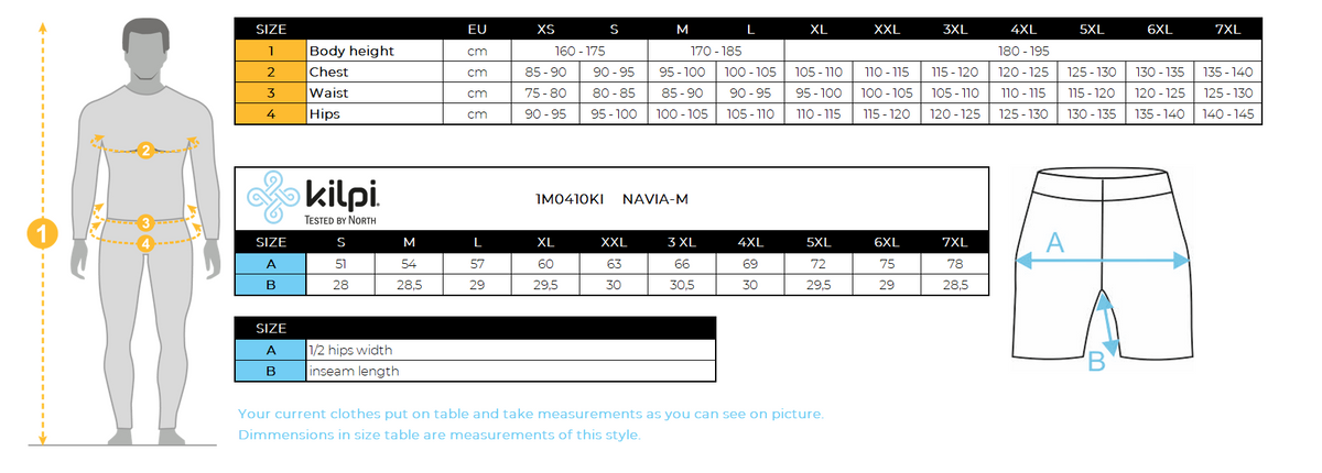 Men's shorts Kilpi NAVIA-M – Size chart