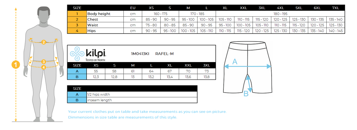 HOMMEle short de course Kilpi RAFEL-M – Size chart