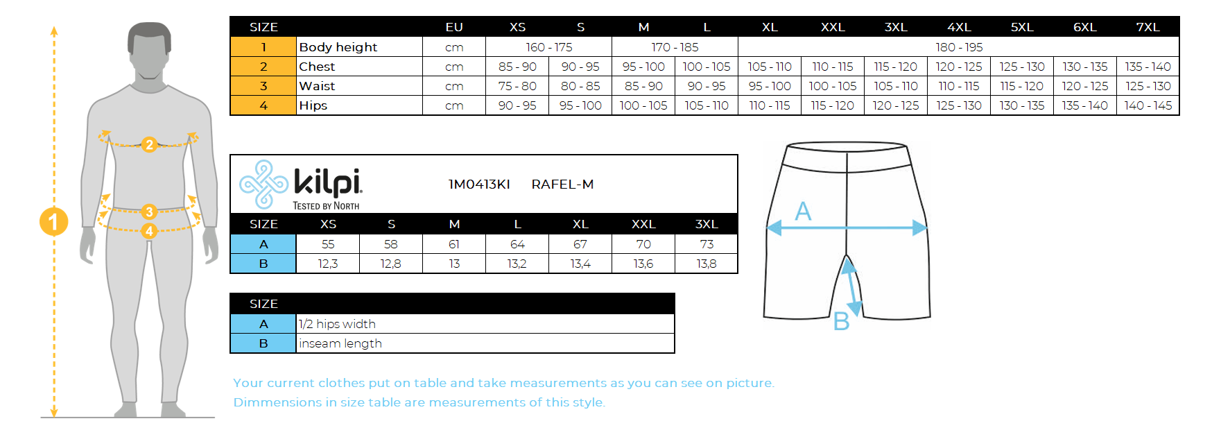 HOMMEle short de course Kilpi RAFEL-M – Size chart