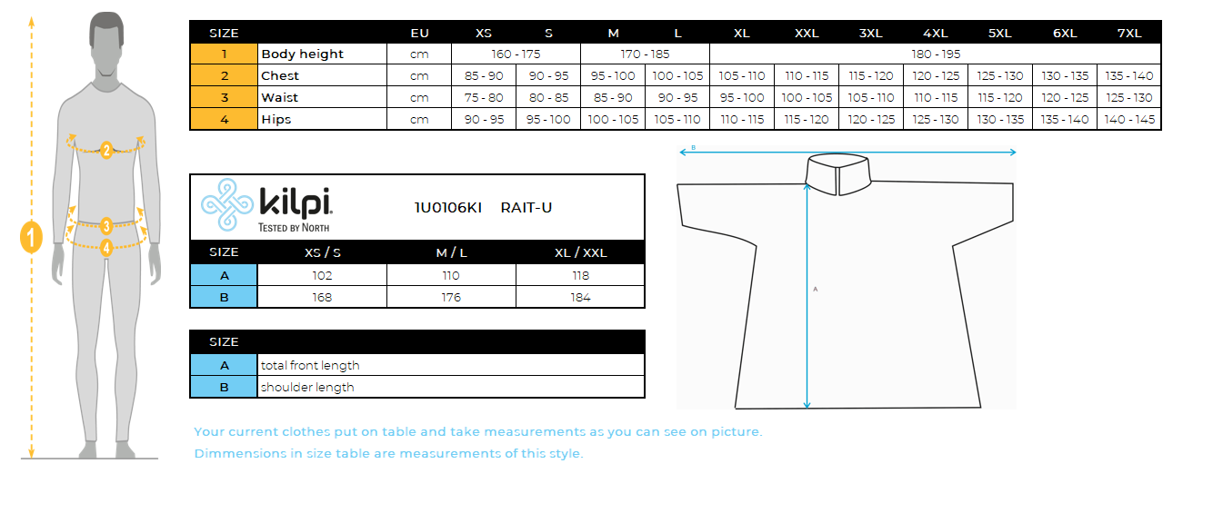 Imperméable unisexe Kilpi RAIT-U – Size chart