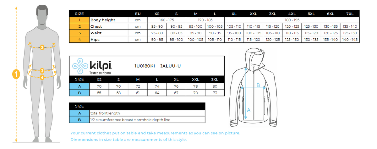 Veste imperméable d'extérieur Kilpi JALUU-U – Size chart