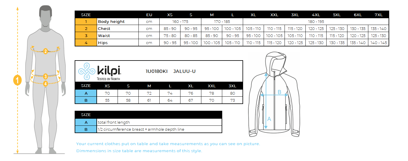 Veste imperméable d'extérieur Kilpi JALUU-U – Size chart