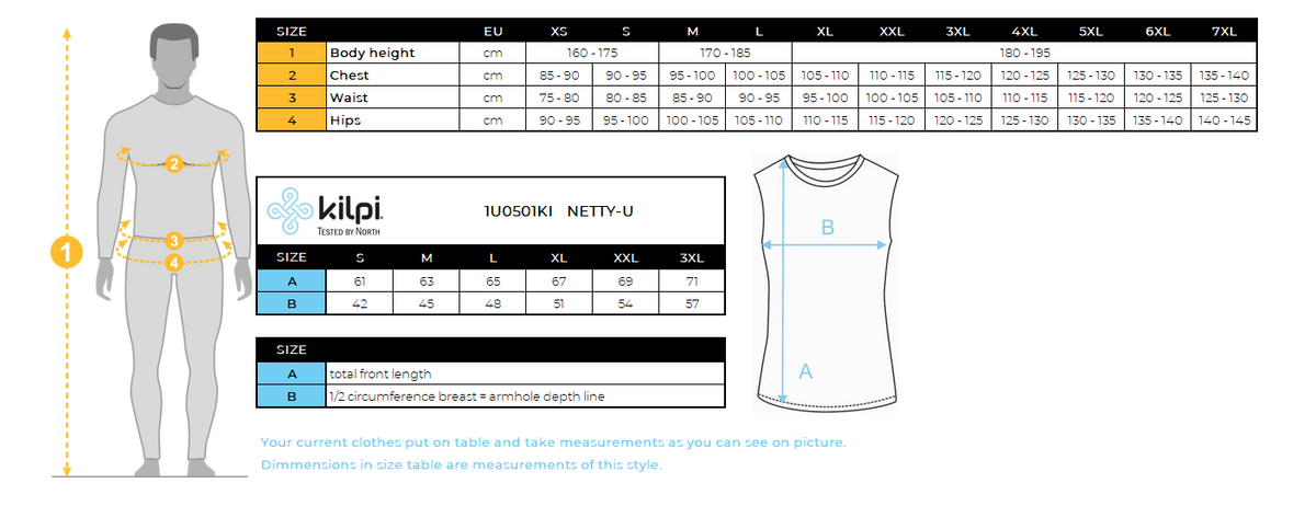 Functional tank top Kilpi NETTY-U – Size chart