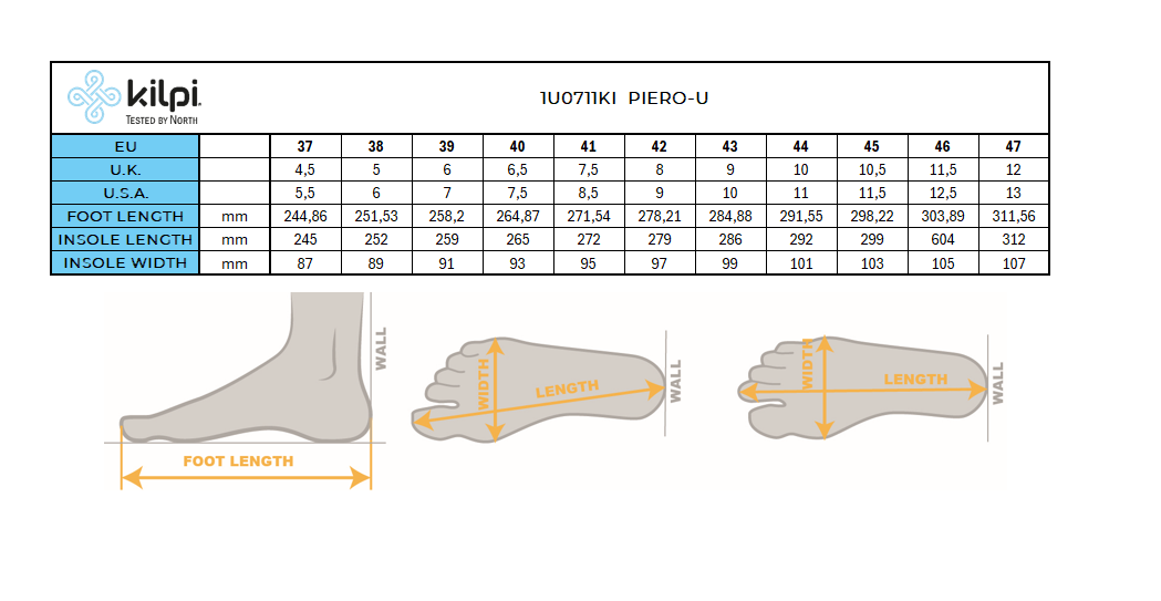 Sandales lifestyle Kilpi PIERO-U – Size chart