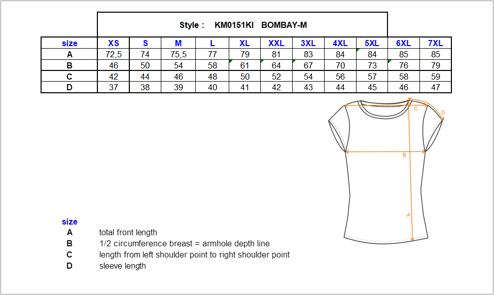 Men's sport shirt Kilpi BOMBAY-M – Size chart