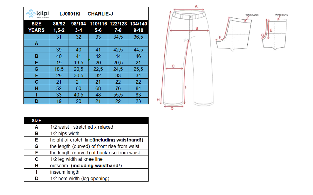 Kid´s ski pants Kilpi CHARLIE-J – Size chart