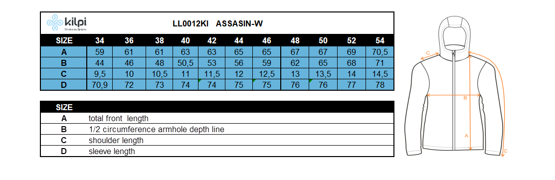 Women's middle layer Kilpi ASSASIN-W – Size chart