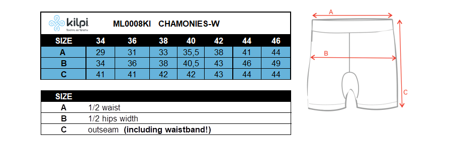 Shorts de course pour femmes Kilpi CHAMONIES-W – Size chart