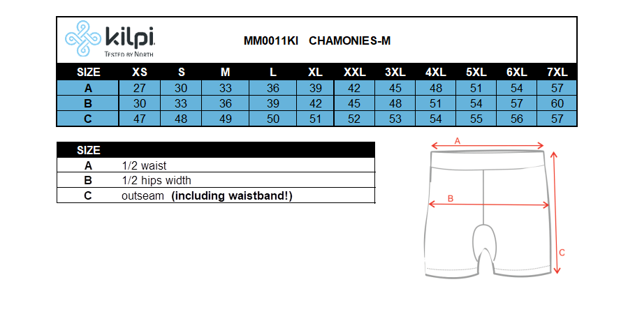 Shorts de course pour hommes Kilpi CHAMONIES-M – Size chart