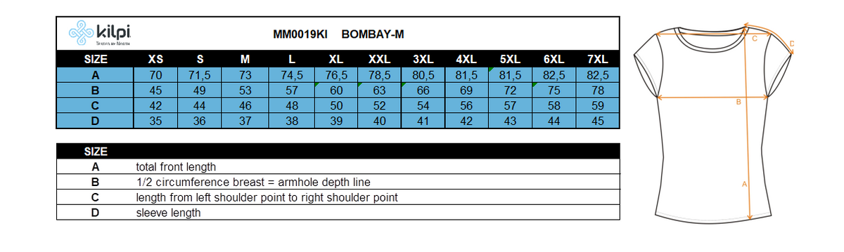 Men's sports shirt Kilpi BOMBAY-M – Size chart
