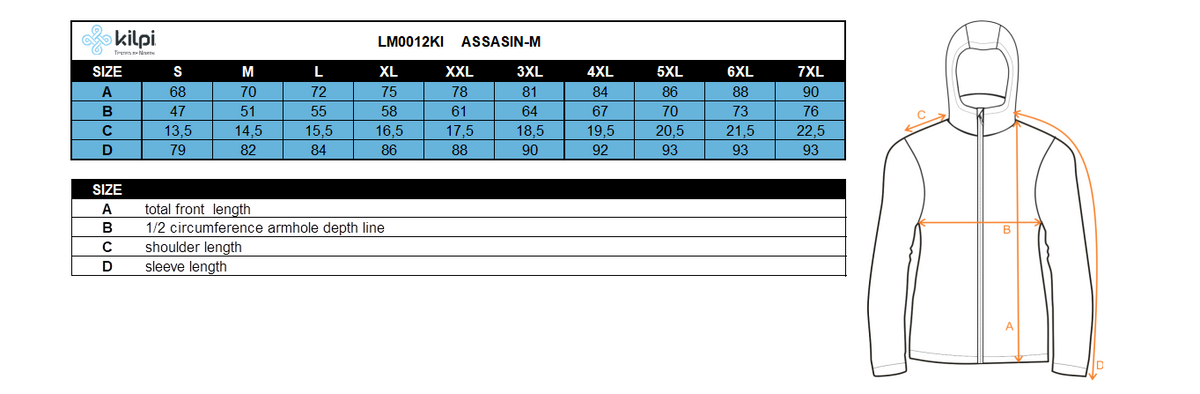 Sweat-shirt en polaire extensible pour homme Kilpi ASSASIN-M – Size chart