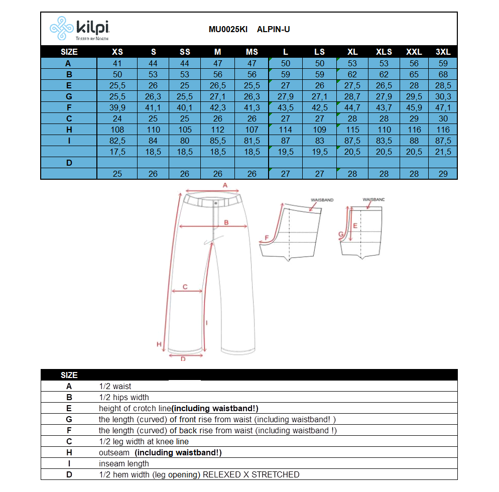 Universal outdoor pants Kilpi ALPIN-U – Size chart