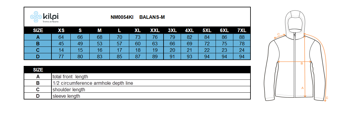 Veste de course pour homme KILPI BALANS-M – Size chart
