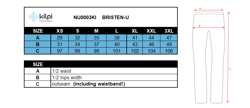 Leggings de sport unisexes KILPI BRISTEN-U – Size chart