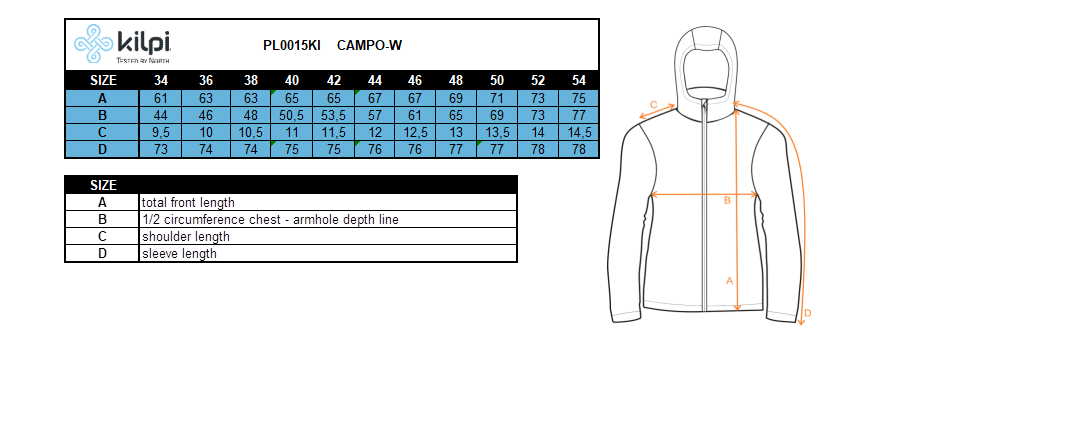 Women's softshell jacket Kilpi CAMPO-W – Size chart