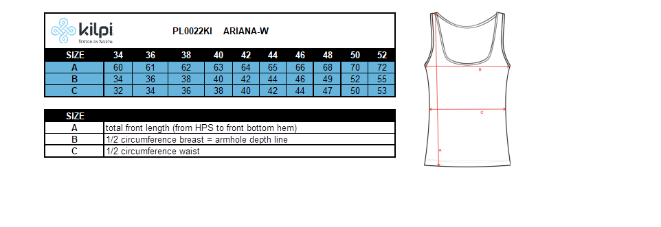 Haut d'extérieur pour femme Kilpi ARIANA-W – Size chart