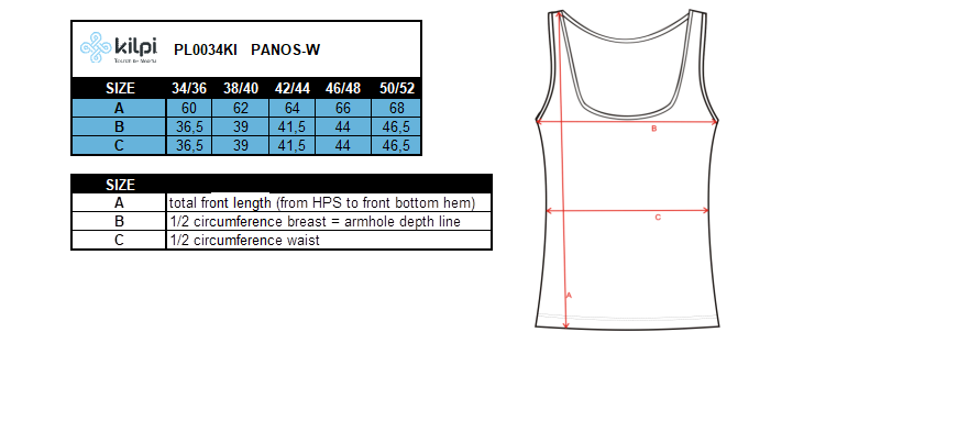 FEMMEle haut sans couture Kilpi PANOS-W – Size chart