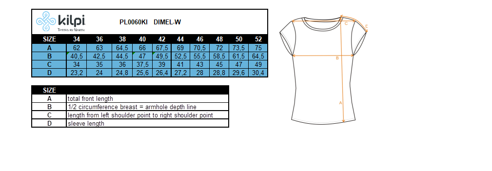 FEMMET-shirt qui court Kilpi DIMEL-W – Size chart