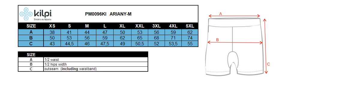 Men's shorts Kilpi ARIANY-M – Size chart