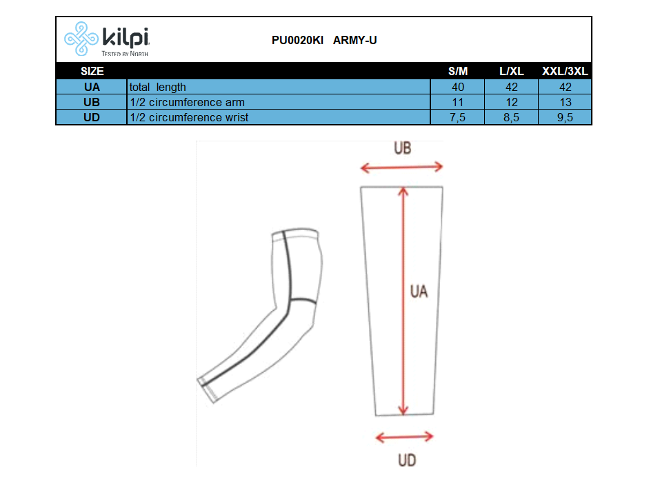 Guêtres pour bras Kilpi ARMY-U – Size chart