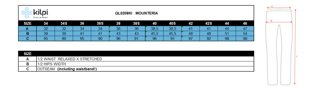 FEMMEle pantalon d'extérieur Kilpi MOUNTERIA-W – Size chart