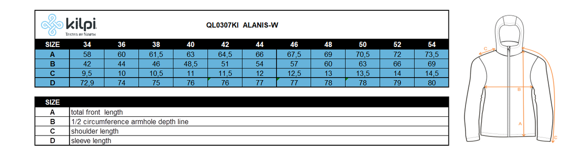 Le middle layer extensible pour femme Kilpi ALANIS-W – Size chart