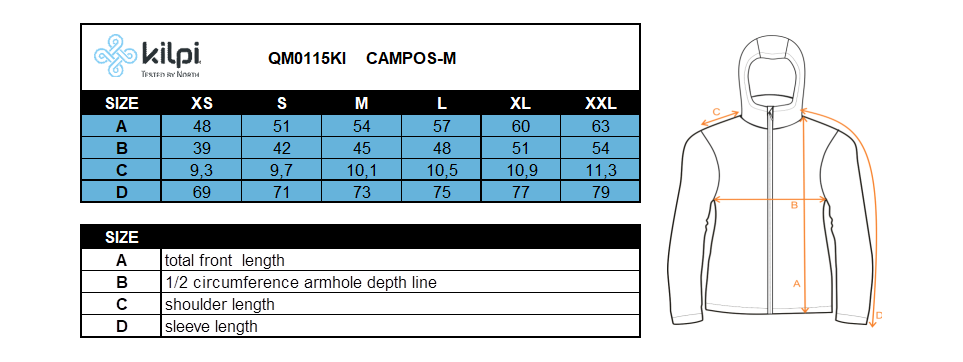 Maillot de cyclisme à manches longues pour homme Kilpi CAMPOS-M – Size chart