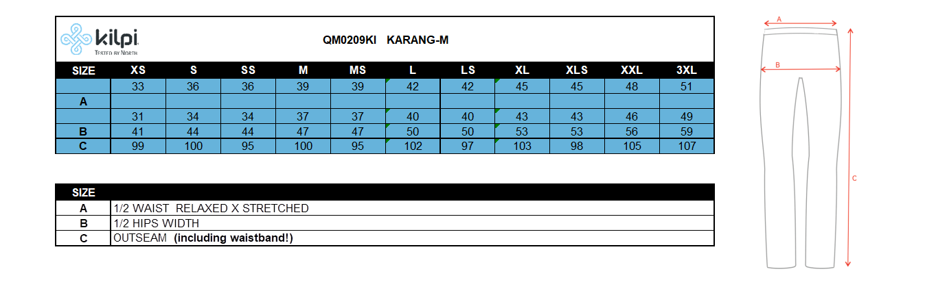 Men's running leggings Kilpi KARANG-M – Size chart