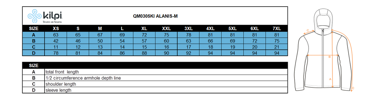 Le middle layer extensible pour hommes Kilpi ALANIS-M – Size chart