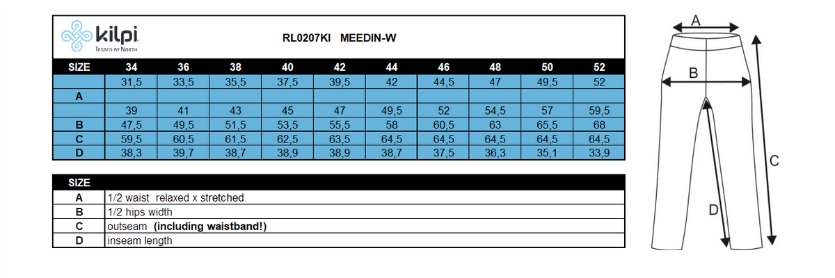 Women's 3/4 outdoor pants Kilpi MEEDIN-W – Size chart