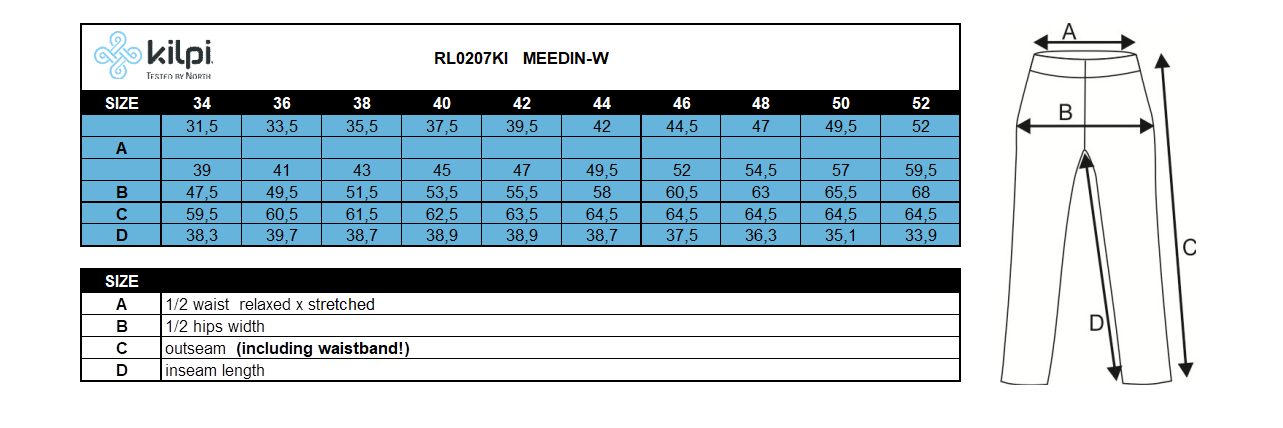 Women's 3/4 outdoor pants Kilpi MEEDIN-W – Size chart