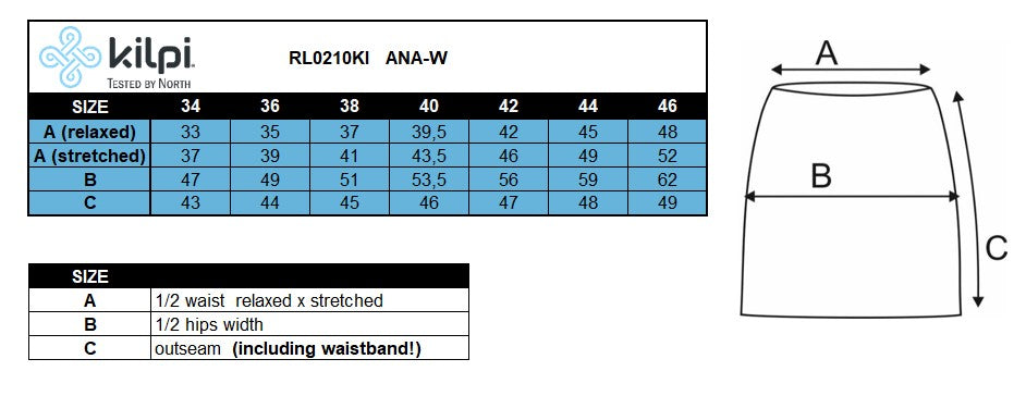 FEMMEla jupe d'extérieur Kilpi ANA-W – Size chart