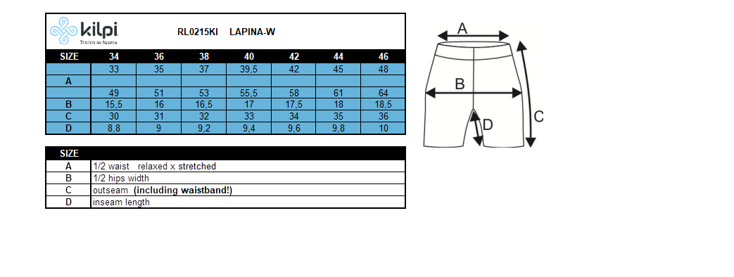 FEMMEle short de course Kilpi LAPINA-W – Size chart
