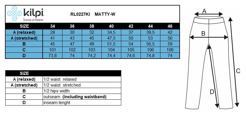 FEMMEle pantalon Kilpi MATTY-W – Size chart