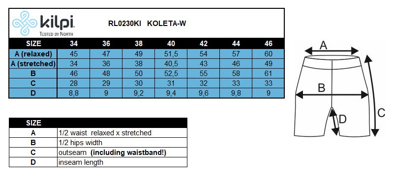 FEMMEle short Kilpi KOLETA-W – Size chart